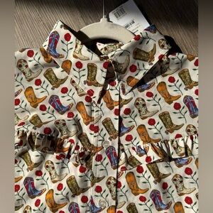 Sandro Paris Printed Ruffle Blouse Boots & Floral Motif Size 4